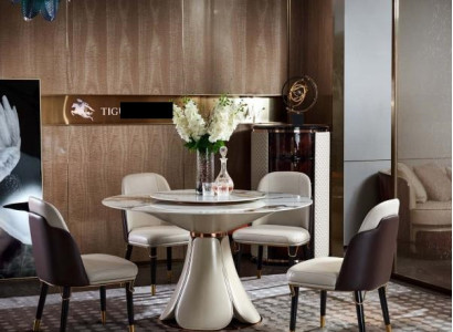 Esstisch 6x Stühle Esszimmer Leder Tisch Stuhl Rund Modern Design Möbel